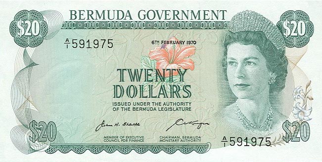 Front of Bermuda p26a: 20 Dollars from 1970
