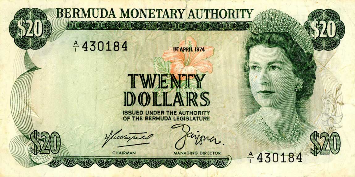 Front of Bermuda p31a: 20 Dollars from 1974