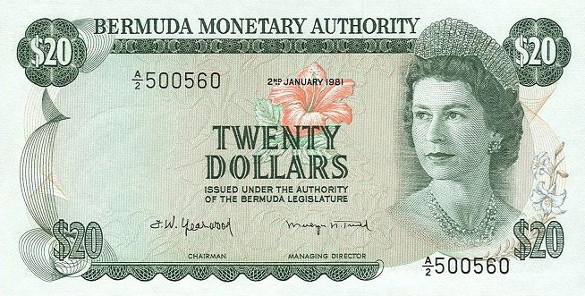 Front of Bermuda p31c: 20 Dollars from 1981