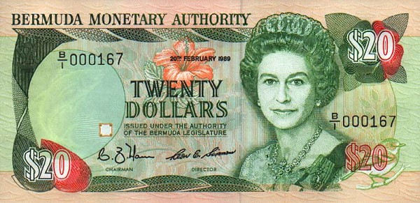 Front of Bermuda p37a: 20 Dollars from 1989