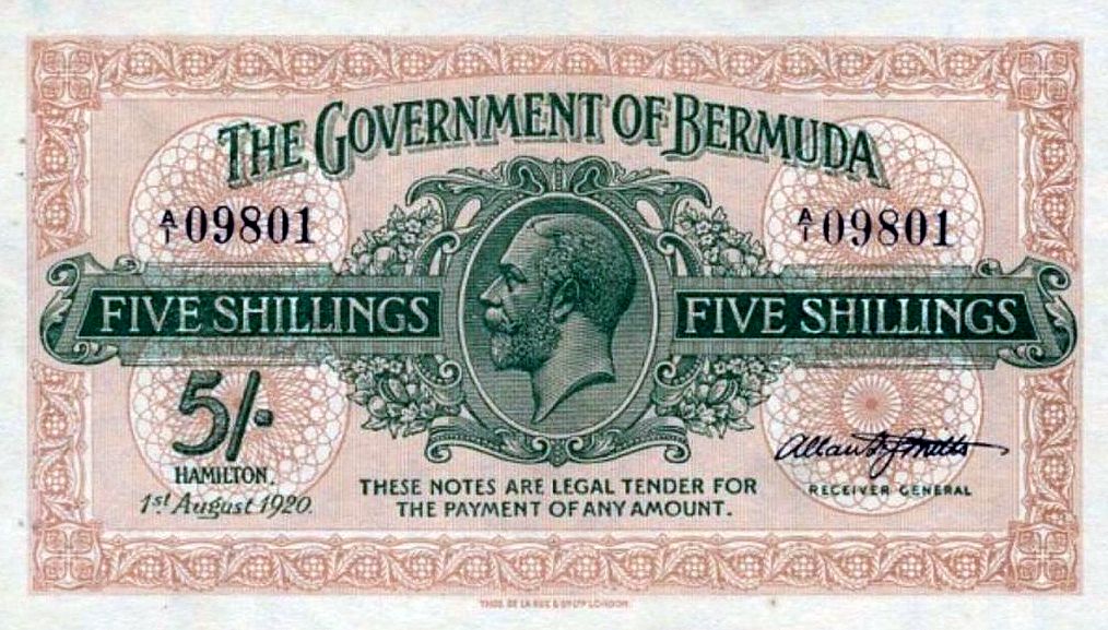 Front of Bermuda p3a: 5 Shillings from 1920