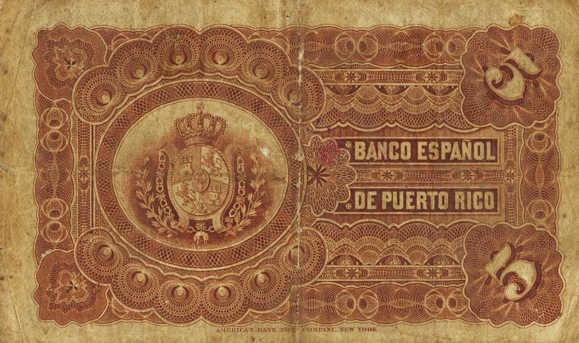 Back of Puerto Rico p26a: 5 Pesos from 1894