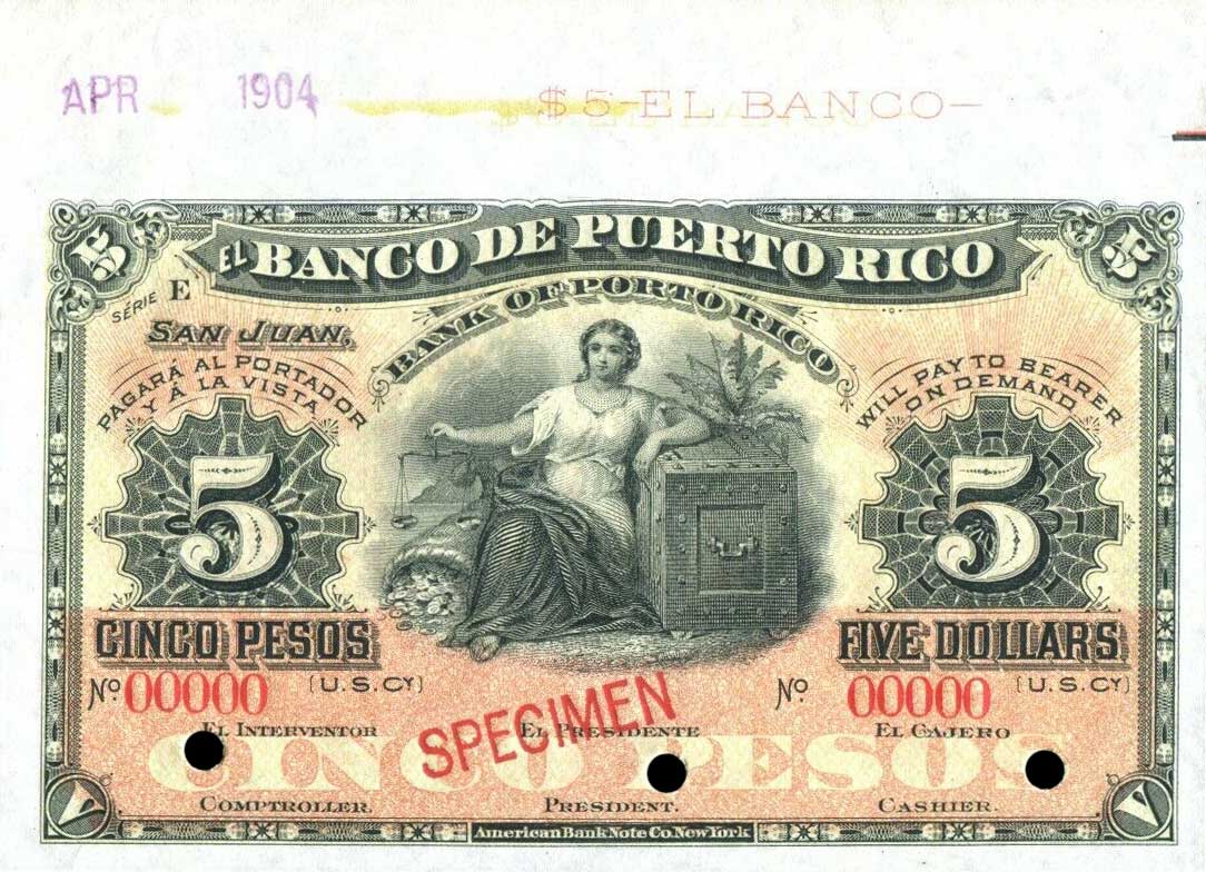 Front of Puerto Rico p41s: 5 Pesos from 1904