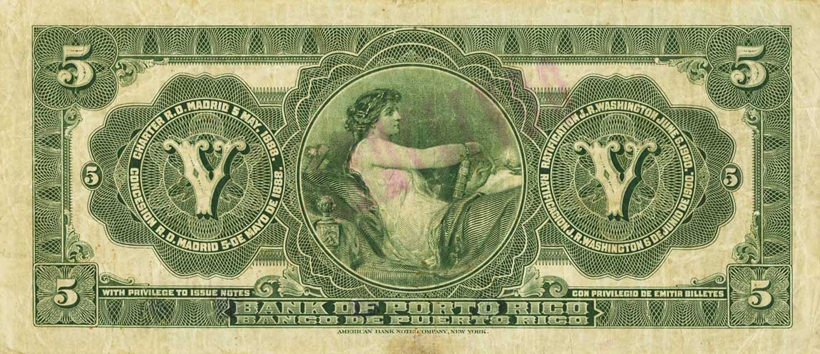 Back of Puerto Rico p47b: 5 Dollars from 1909