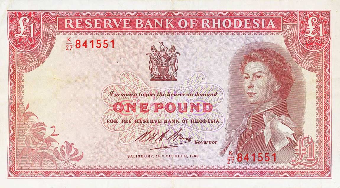 Front of Rhodesia p28d: 1 Pound from 1968