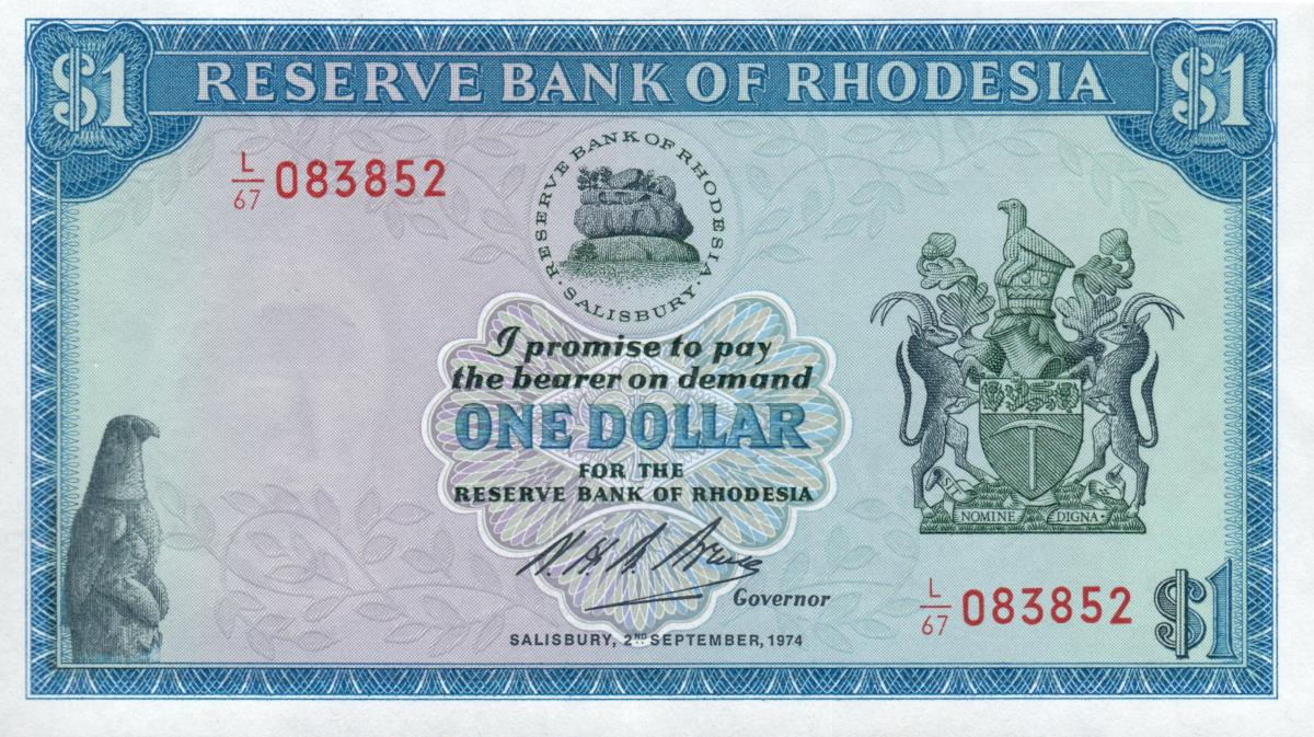 Front of Rhodesia p30j: 1 Dollar from 1974
