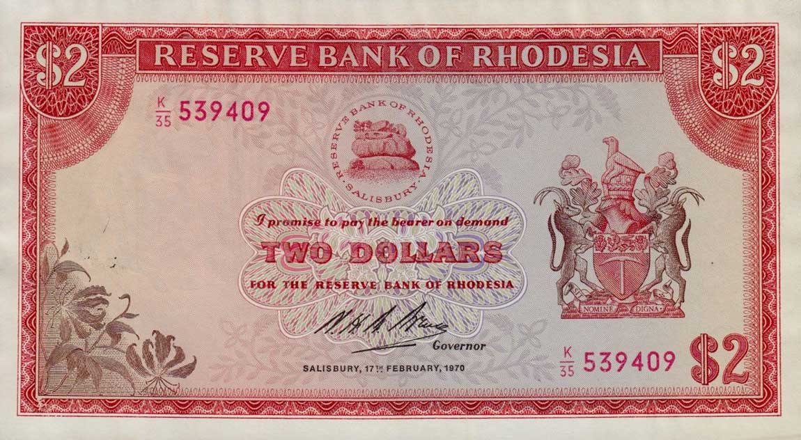 Front of Rhodesia p31a: 2 Dollars from 1970