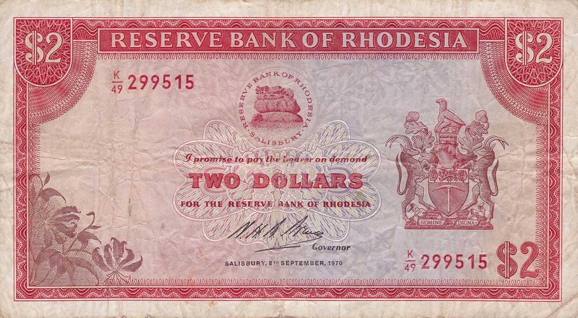 Front of Rhodesia p31c: 2 Dollars from 1970