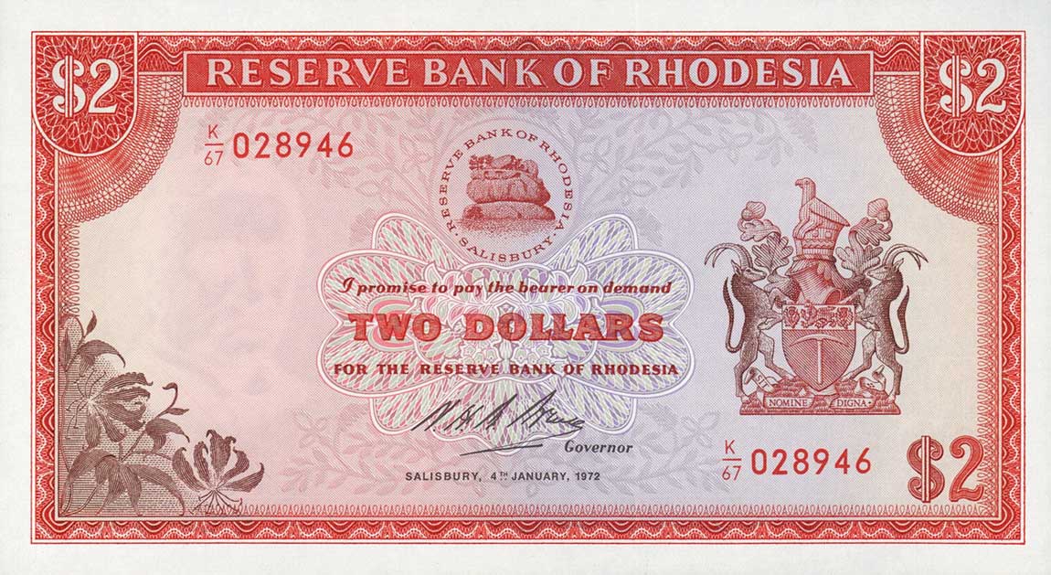 Front of Rhodesia p31f: 2 Dollars from 1972