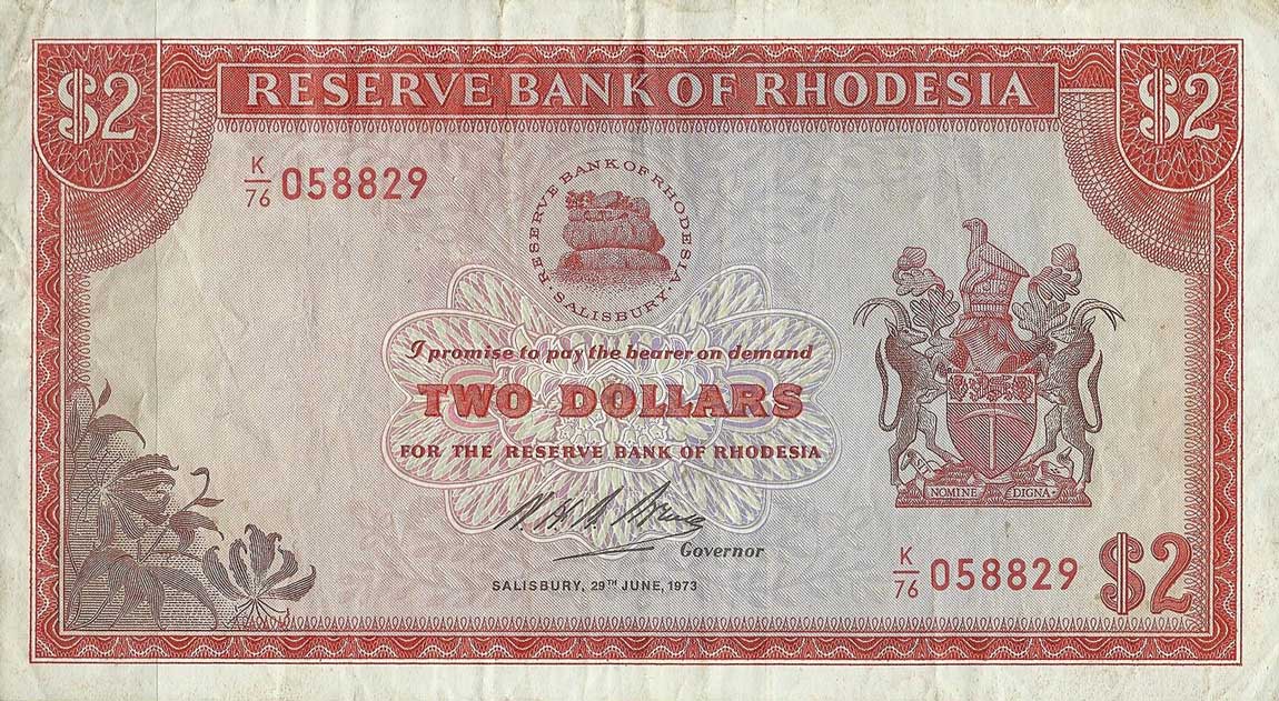 Front of Rhodesia p31g: 2 Dollars from 1973