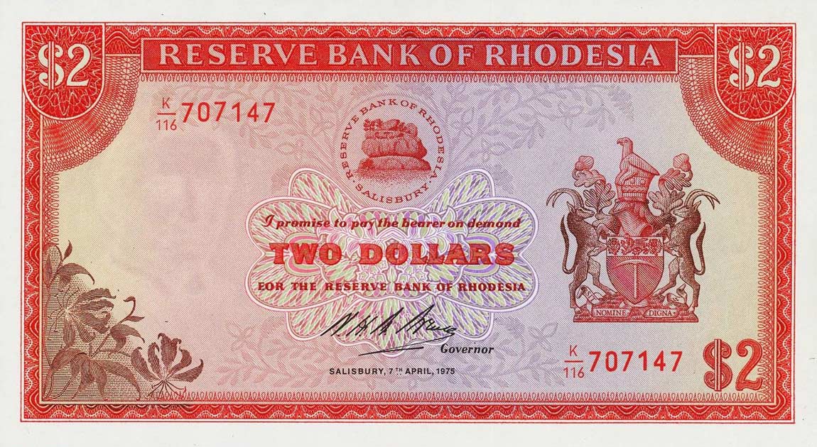 Front of Rhodesia p31k: 2 Dollars from 1975