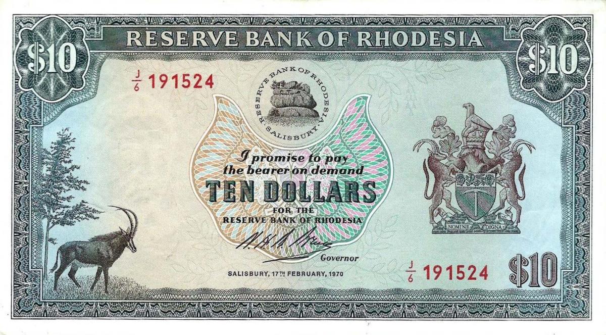 Front of Rhodesia p33a: 10 Dollars from 1970