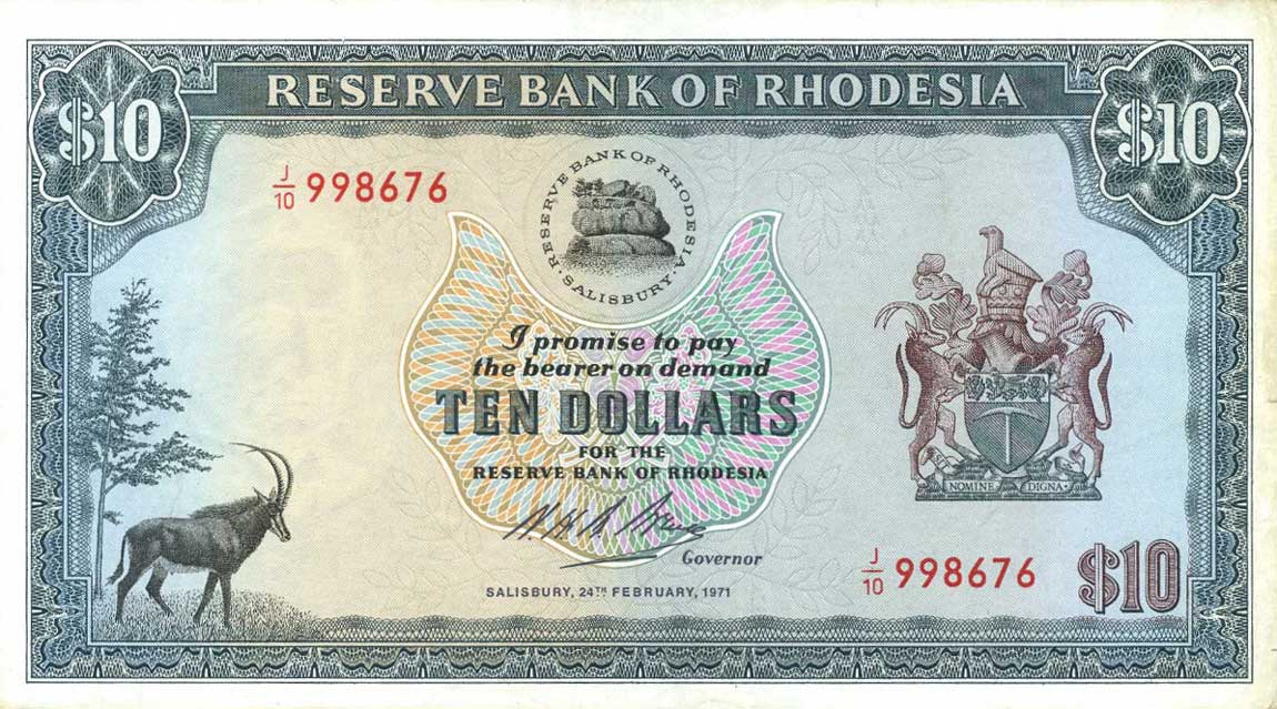 Front of Rhodesia p33c: 10 Dollars from 1971