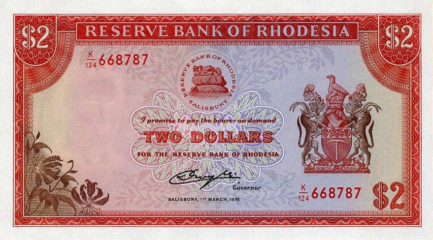 Front of Rhodesia p35a: 2 Dollars from 1976