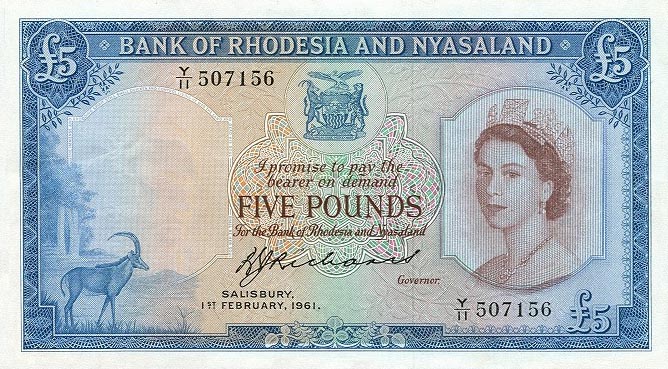 Front of Rhodesia and Nyasaland p22b: 5 Pounds from 1961