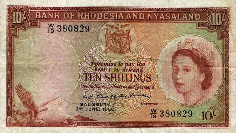 Front of Rhodesia and Nyasaland p20a: 10 Shillings from 1956