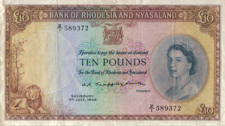 Front of Rhodesia and Nyasaland p23a: 10 Pounds from 1956