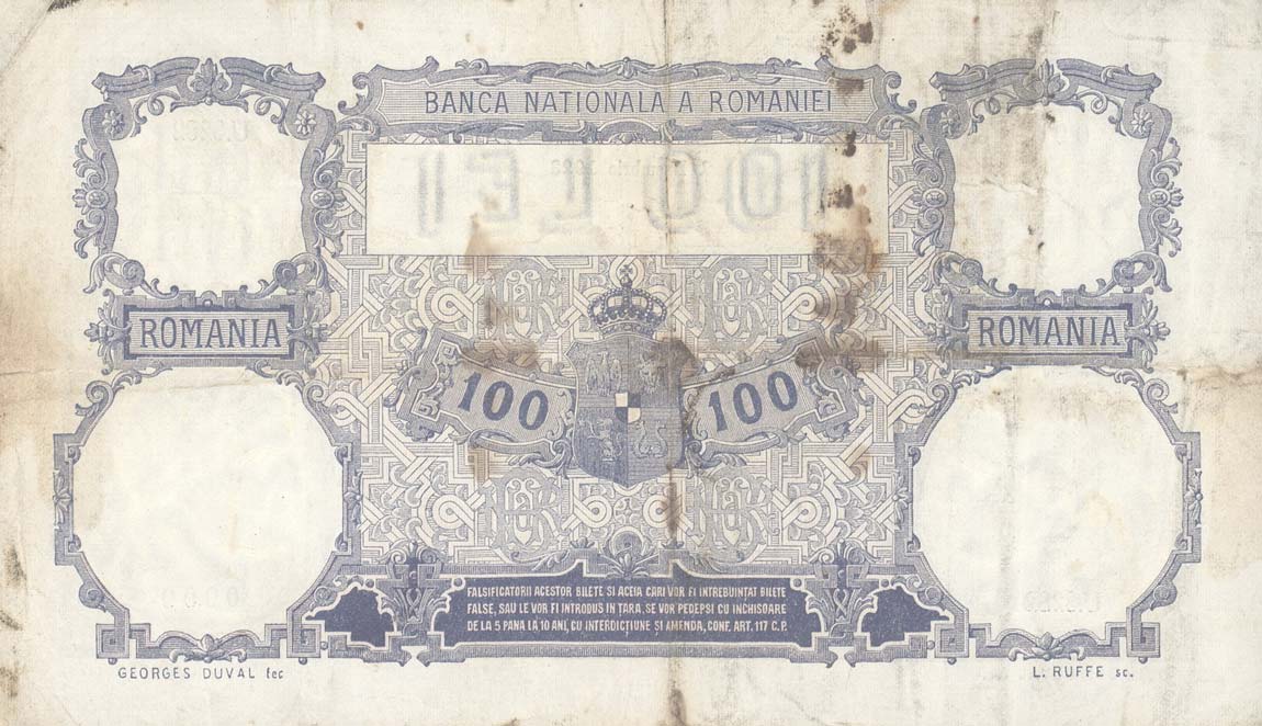 Back of Romania p21a: 100 Lei from 1910