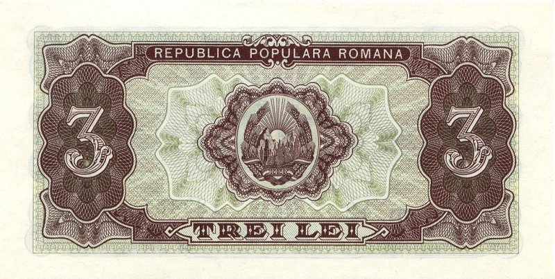 Back of Romania p82b: 3 Lei from 1952