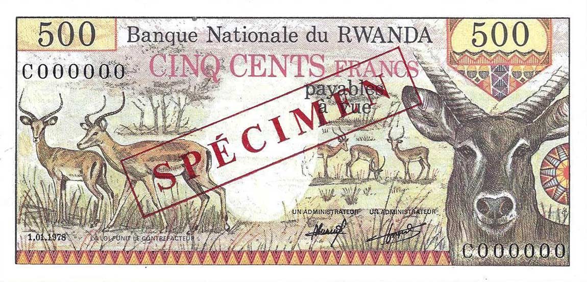 Front of Rwanda p13s: 500 Francs from 1978