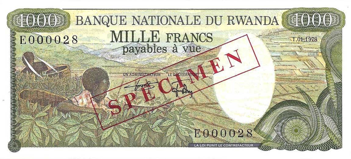 Front of Rwanda p14s: 1000 Francs from 1978