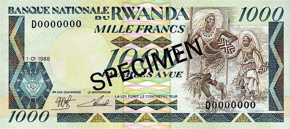 Front of Rwanda p21s: 1000 Francs from 1988