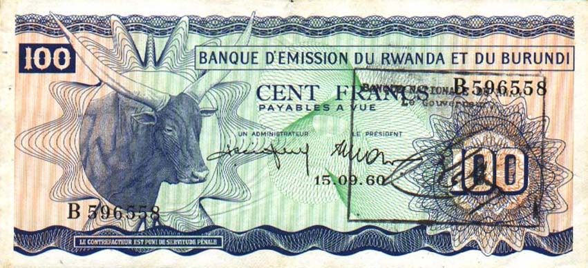 Front of Rwanda p3a: 100 Francs from 1962