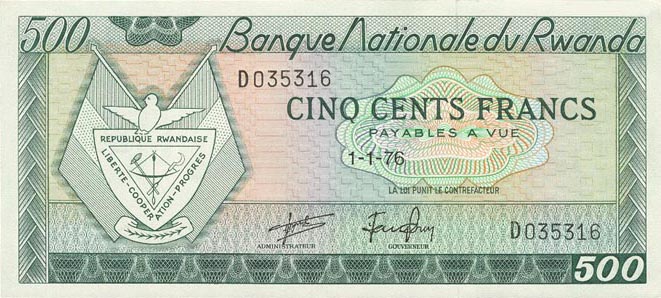 Front of Rwanda p9b: 500 Francs from 1971