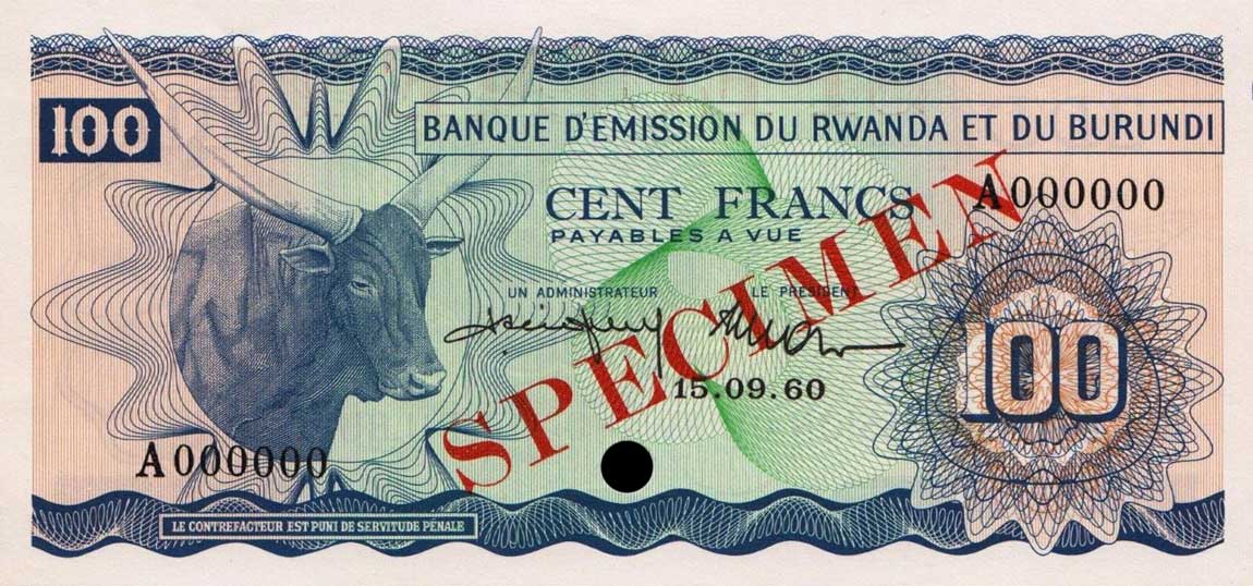 Front of Rwanda-Burundi p5s: 100 Francs from 1960