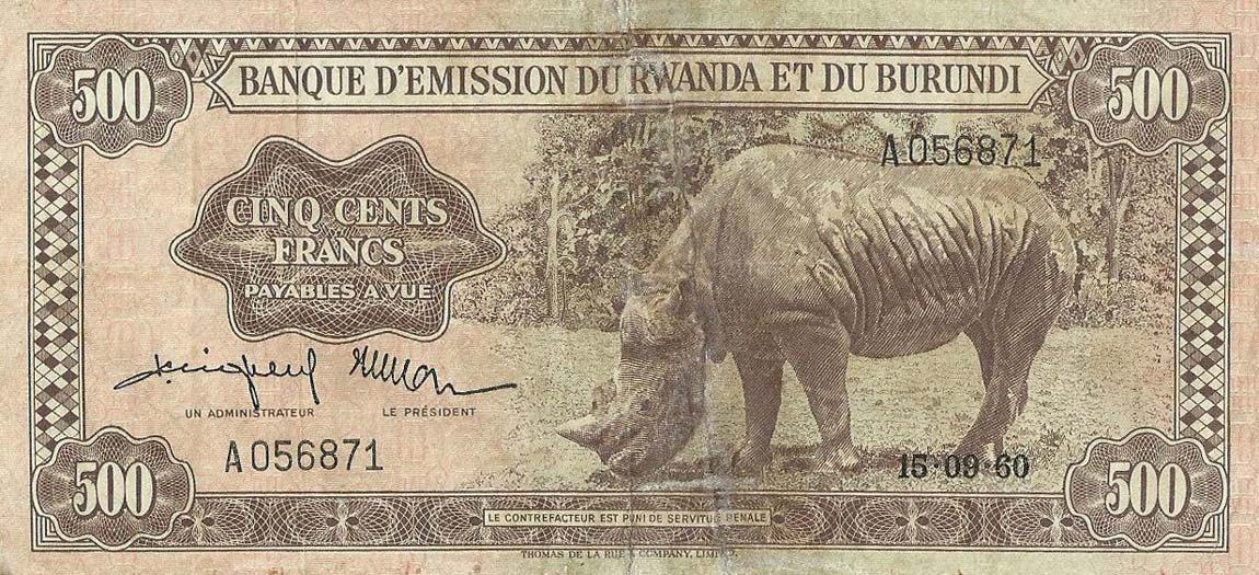 Front of Rwanda-Burundi p6a: 500 Francs from 1960