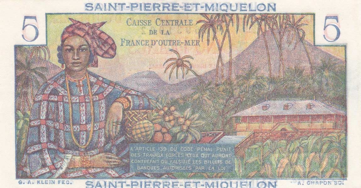 Back of Saint Pierre and Miquelon p22a: 5 Francs from 1950