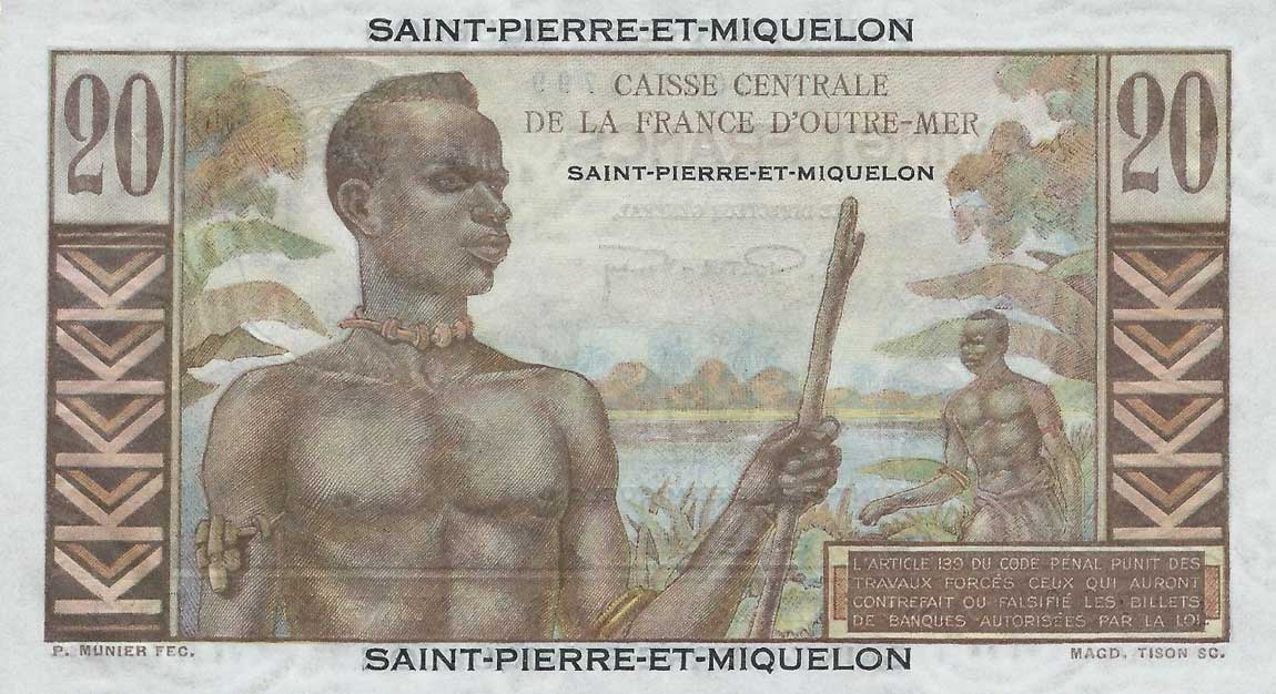 Back of Saint Pierre and Miquelon p24: 20 Francs from 1950