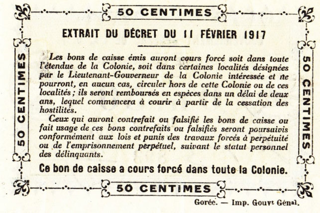 Back of Senegal p1c: 0.5 Franc from 1917