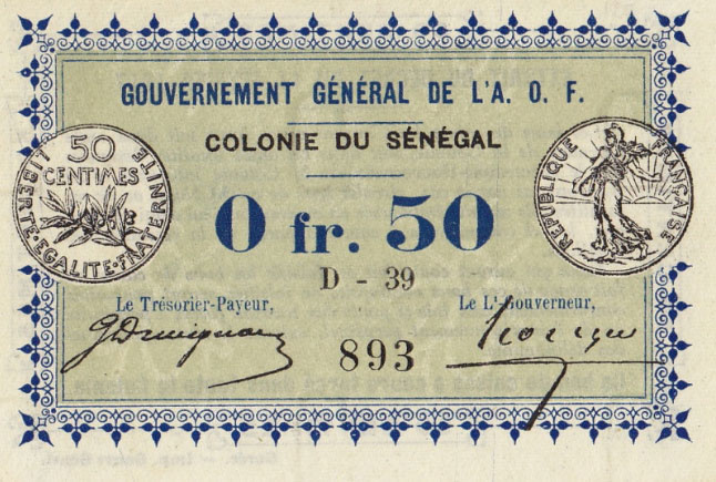 Front of Senegal p1c: 0.5 Franc from 1917