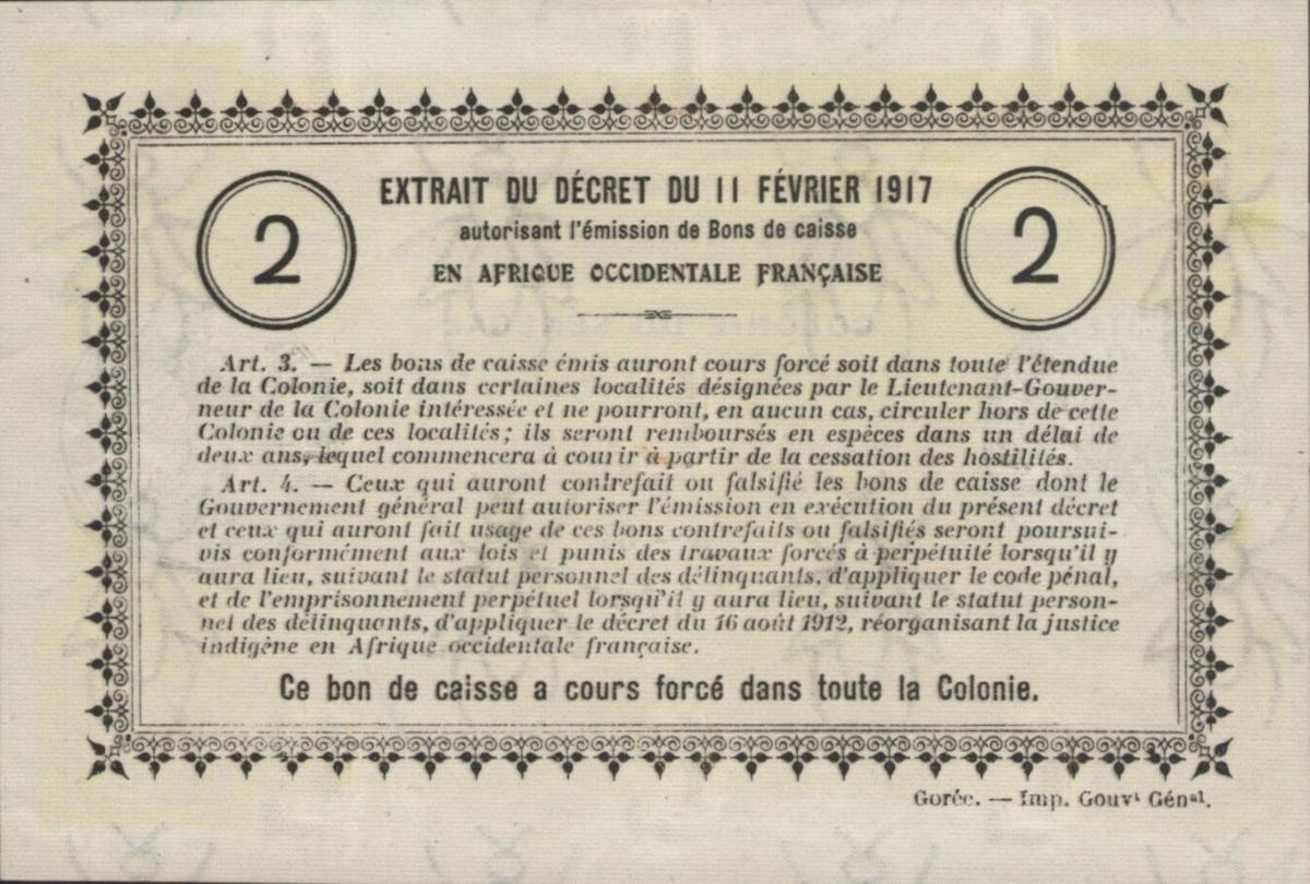 Back of Senegal p3b: 2 Francs from 1917