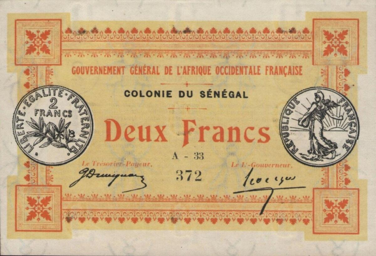 Front of Senegal p3b: 2 Francs from 1917