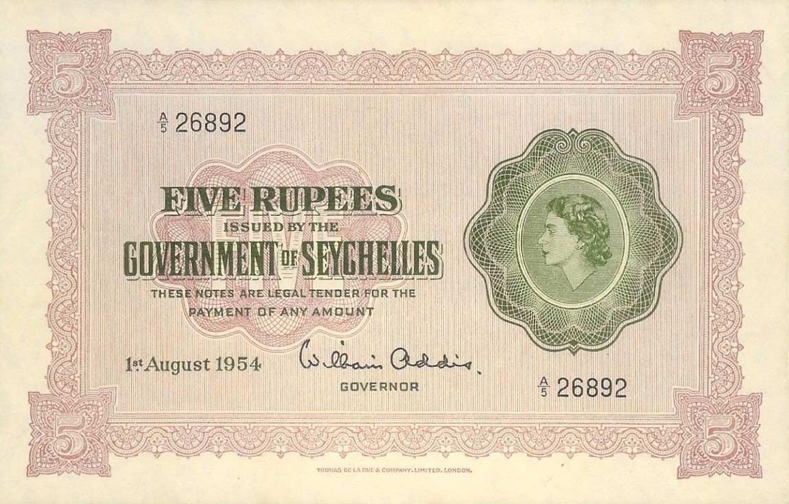 Front of Seychelles p11a: 5 Rupees from 1954