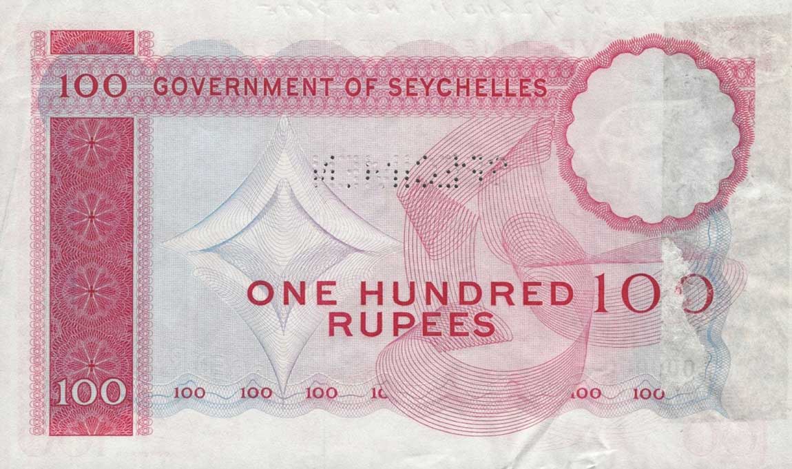 Back of Seychelles p18s: 100 Rupees from 1968