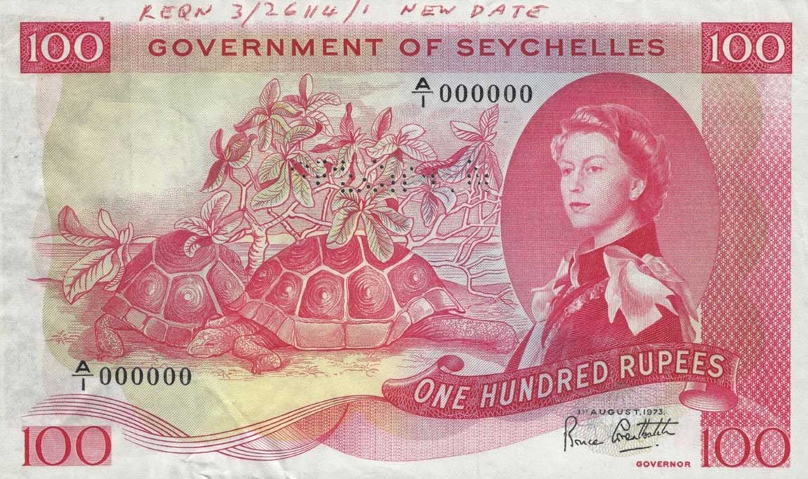 Front of Seychelles p18s: 100 Rupees from 1968