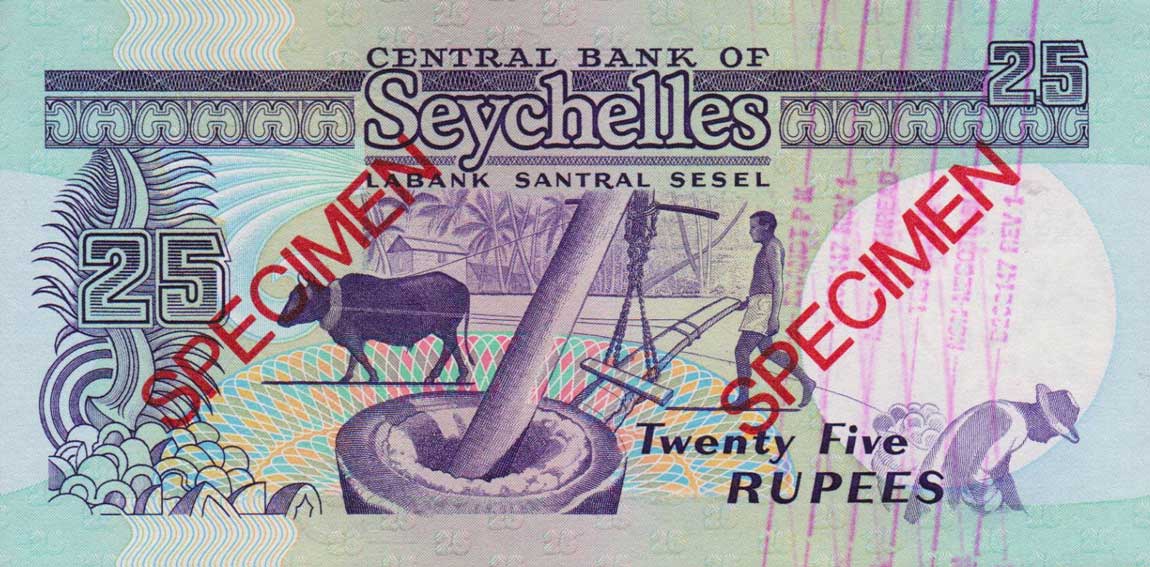 Back of Seychelles p33s: 25 Rupees from 1989