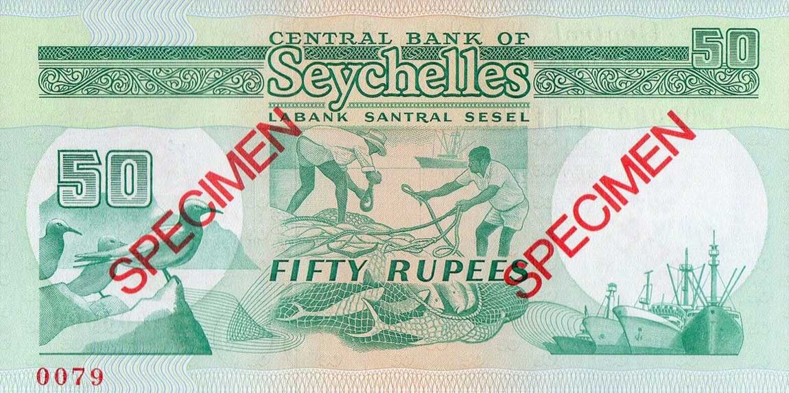 Back of Seychelles p34s: 50 Rupees from 1989