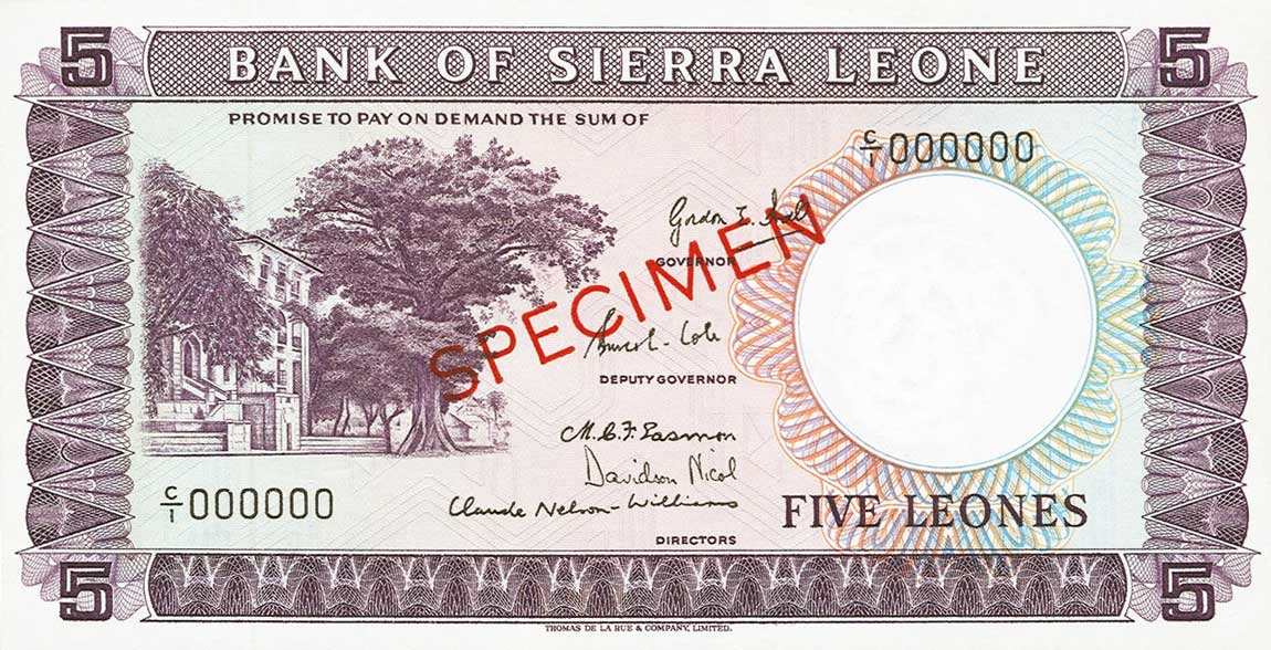 Front of Sierra Leone p3s: 5 Leones from 1964