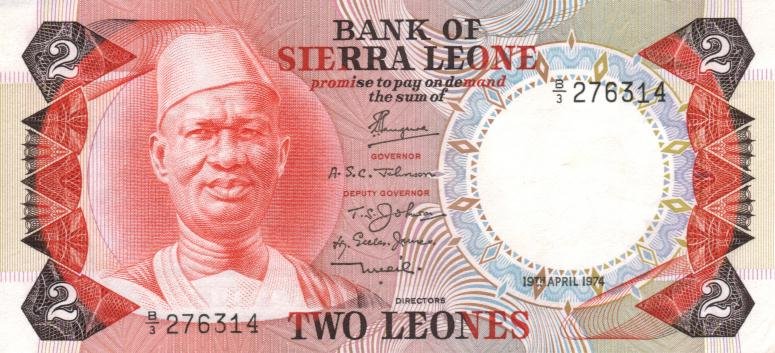 Front of Sierra Leone p6a: 2 Leones from 1974