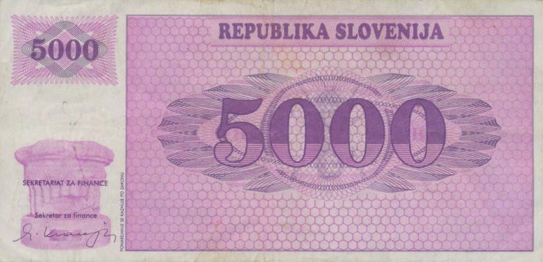 Back of Slovenia p10a: 5000 Tolarjev from 1992