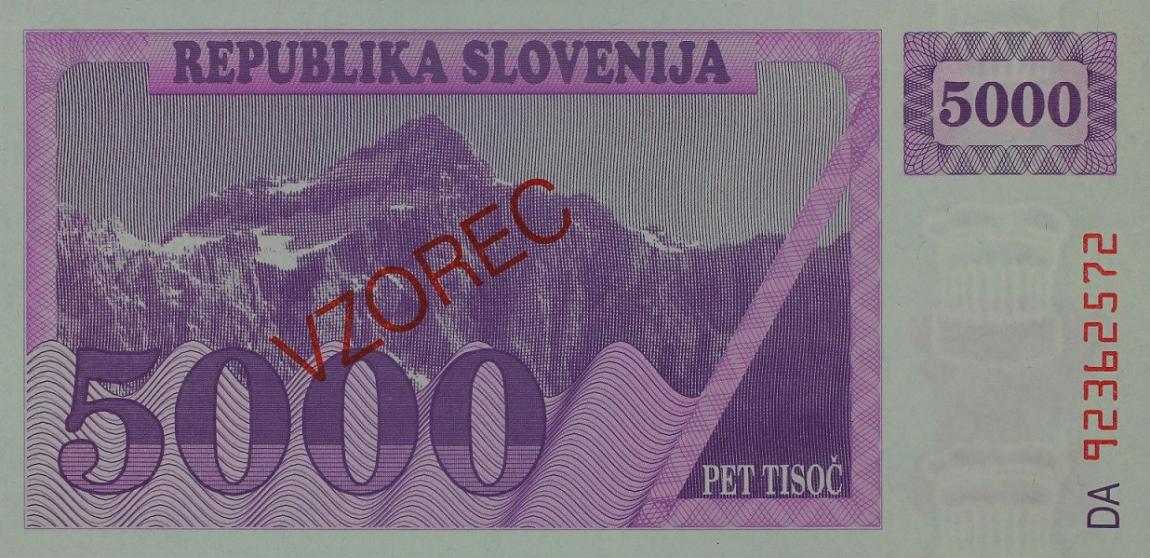 Back of Slovenia p10s1: 5000 Tolarjev from 1992