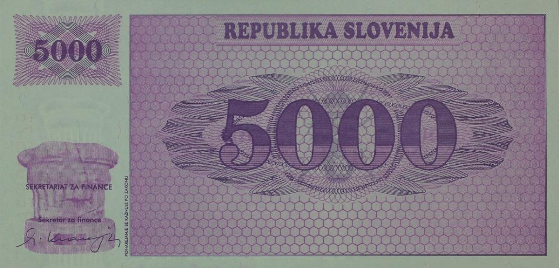 Front of Slovenia p10s1: 5000 Tolarjev from 1992