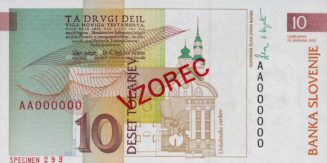 Back of Slovenia p11s: 10 Tolarjev from 1992