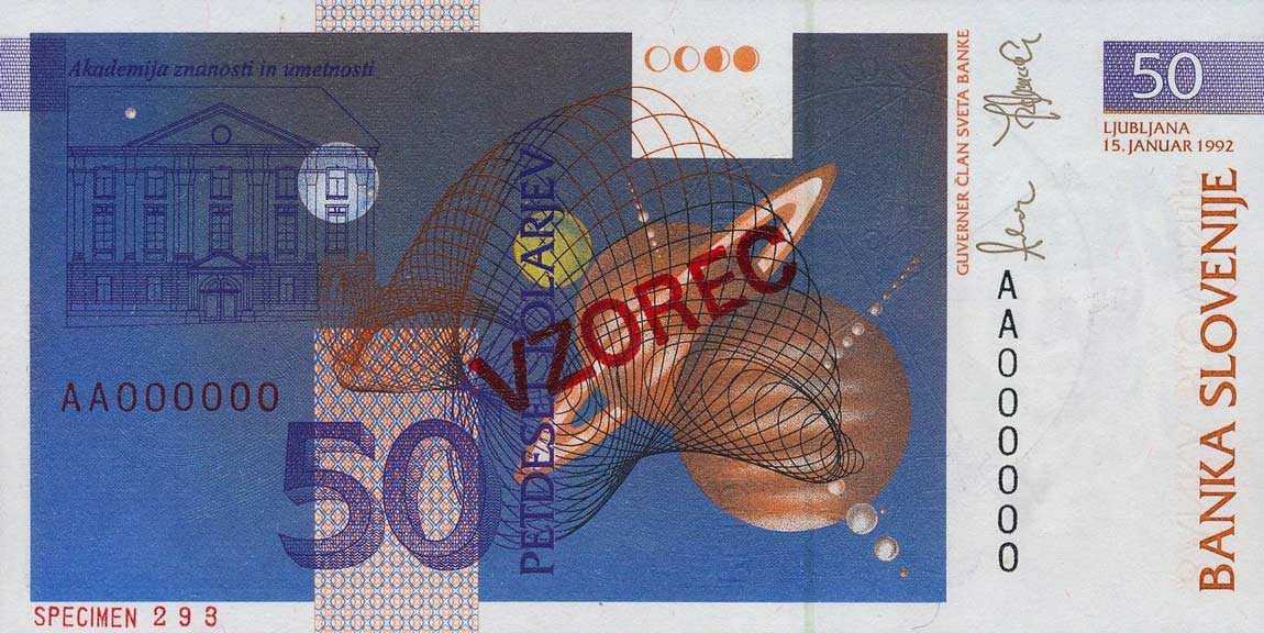 Back of Slovenia p13s: 50 Tolarjev from 1992