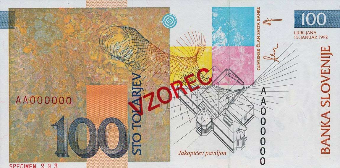 Back of Slovenia p14s: 100 Tolarjev from 1992