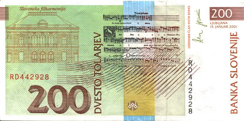 Back of Slovenia p15c: 200 Tolarjev from 2001